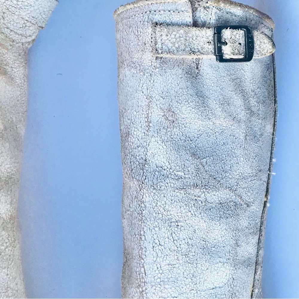 Size 7 / FRYE Leather Moto Boots / Cream Crackled-Distressed Look - Picture 5 of 15